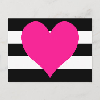 Zwart-witte strepen Hot Pink Heart Briefkaart