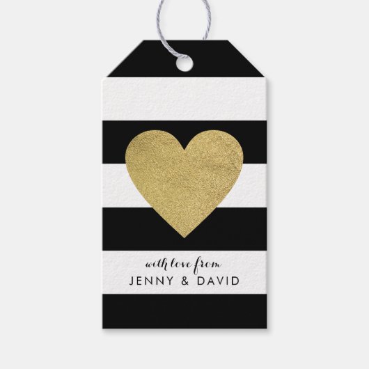 Zwart-witte strepen met Gold Foil hart Cadeaulabel (Voorkant)