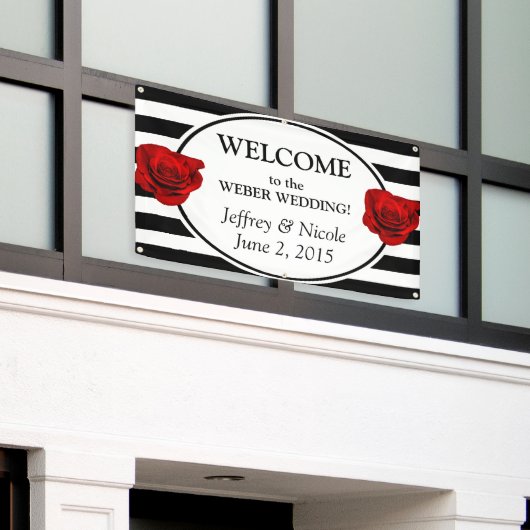 Zwart & Witte Strepen met Roze Trouwbanner Spandoek (Buitenkant Gebouw)
