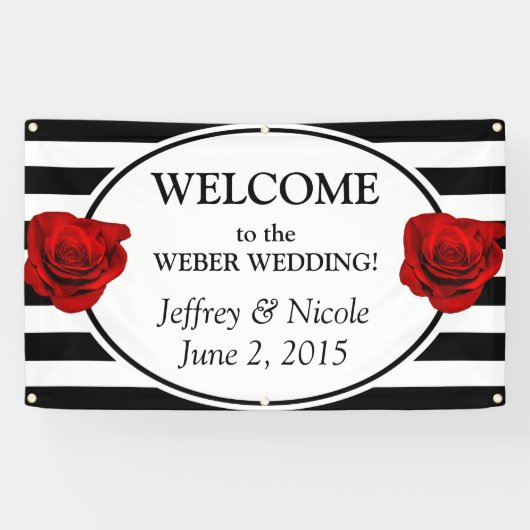 Zwart & Witte Strepen met Roze Trouwbanner Spandoek (Horizontaal)