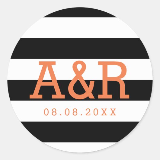 Zwart-witte strepen | Oranje Monogram & Datum Ronde Sticker (Voorkant)