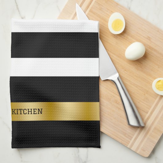 Zwart-witte strepen patroon gouden accenten theedoek (Quarter Fold)