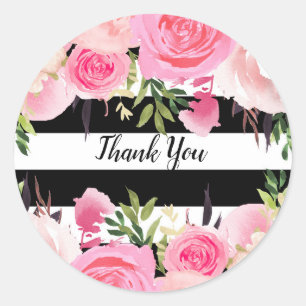 Zwart Witte Strepen Roze Bloemrijke Bruidsuitnodig Ronde Sticker