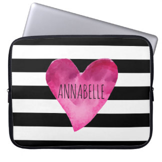 Zwart + witte strepen Waterverf Hartmonogram Laptop Sleeve