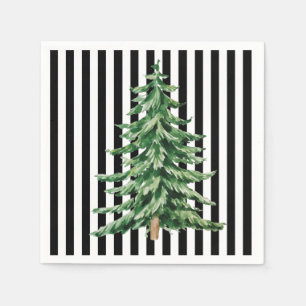 Zwart-witte strepen Waterverf kerstboom Servet