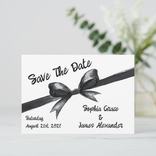 Zwart-witte strik | Elegante bruiloft | monochroom Save The Date (Staand voorkant)