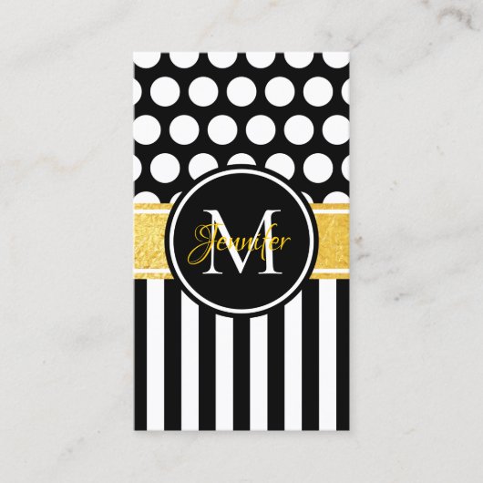 Zwart-witte stripe poka Dot Gold Monogram Visitekaartje (Voorkant)
