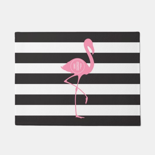 Zwart + Witte Stripes Monogram Flamingo Doormat Deurmat (Voorkant)