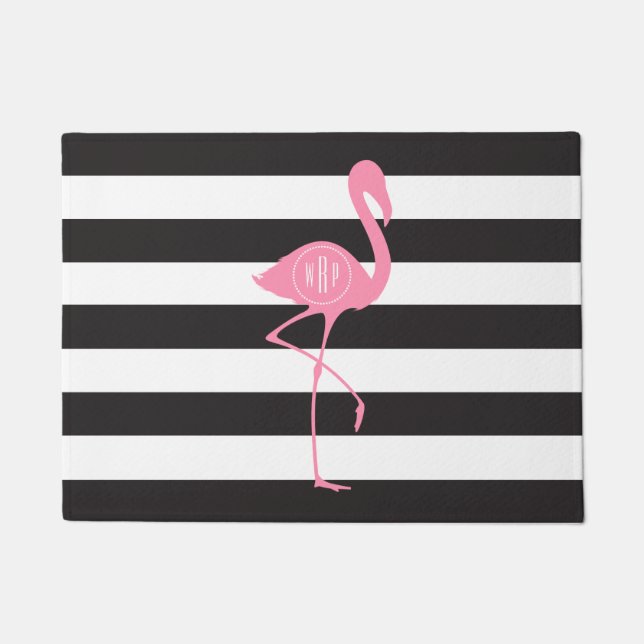Zwart + Witte Stripes Monogram Flamingo Doormat Deurmat (Voorkant)