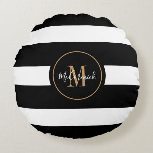 Zwart-witte strips Gold-serie, monogrammen Rond Kussen