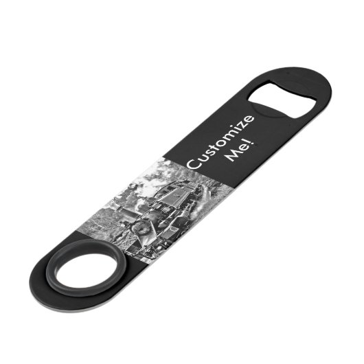 Zwart-witte  stuurmachinemotor speed flessenopener (Achterkant Gekanteld)