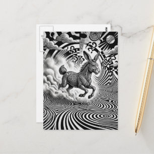Zwart Witte Surrealistische Fantasie Konijn Paard  Briefkaart