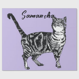 Zwart-Witte Tabby Kat Meisjesnaam Paars Cadeaupapier