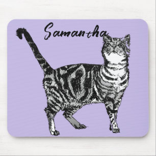 Zwart-Witte Tabby Kat Meisjesnaam Paars Muismat