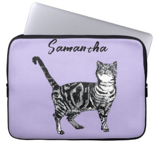 Zwart-witte Tabby poes meiden naam Paars Laptop Sleeve