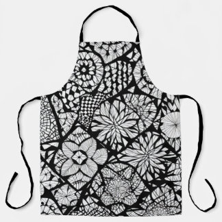 Zwart-witte Tangle Flowers Schort