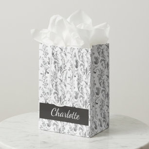 Zwart Witte Toile Bloemige Aangepaste Naam Medium Cadeauzakje