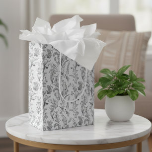 Zwart Witte Toile Elegante Bloemen Medium Cadeauzakje