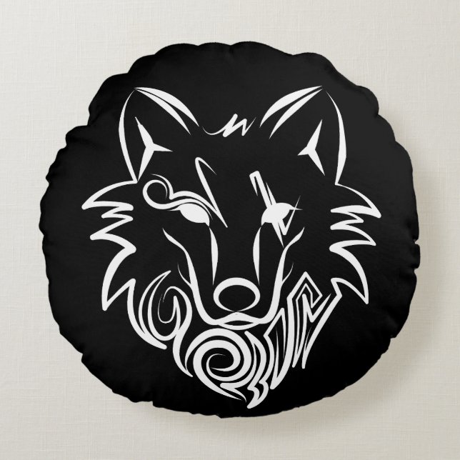 Zwart-witte tribale Wolf Rond Kussen (Voorkant)