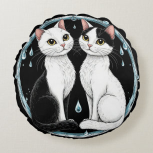 Zwart-witte tweelingkatten die samen zitten rond kussen