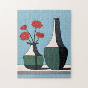 Zwart-witte vazen met rode bloemen legpuzzel