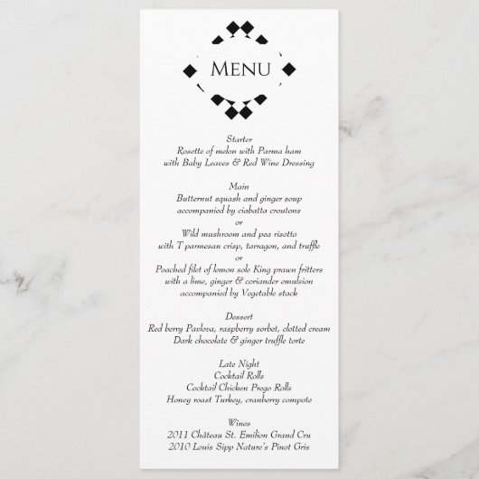 Zwart-witte verfijnde bruiloft menu (Voorkant)