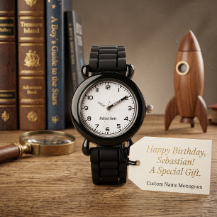Zwart Witte Verjaardag Aangepaste Naam Jongens Kin Horloge