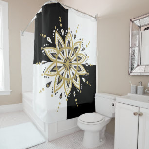 Zwart-witte vierkantjes Gold en zwart Mandala Douchegordijn