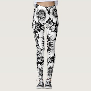 Zwart Witte Vintage Bloemige Naadloos Patroon (2) Leggings