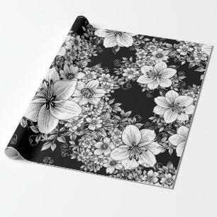 Zwart Witte Vintage Bloemige Naadloos Patroon (3) Cadeaupapier
