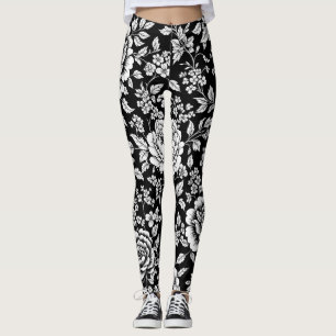 Zwart Witte Vintage Bloemige Naadloos Patroon (5) Leggings