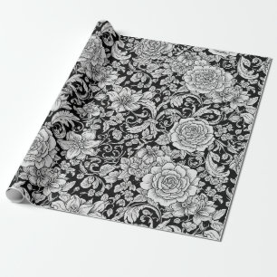 Zwart Witte Vintage Bloemige Naadloos Patroon (6) Cadeaupapier