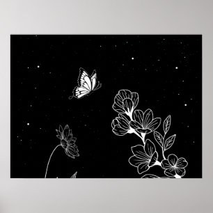 Zwart-witte vlinder en bloemen bij nacht poster