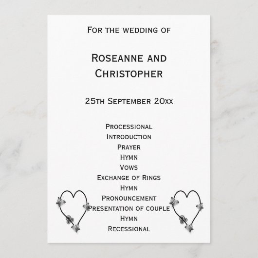 Zwart-witte vlinder hart bruiloft programma (Achterkant)