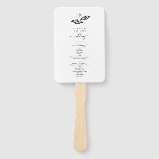 Zwart Witte Vlinder Monogram Trouwprogramma Handwaaier (Voorkant)