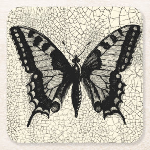 Zwart-witte vlinder op gekraakte achtergrond vierkante kartonnen onderzetter