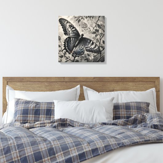 Zwart-witte vlinder tekening canvas afdruk (Insitu (Slaapkamer))
