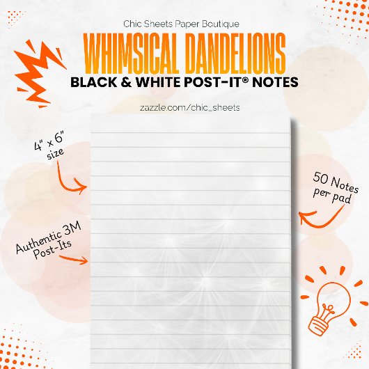 Zwart & Witte Whimsical Dandelions 3M Post-it® Notes