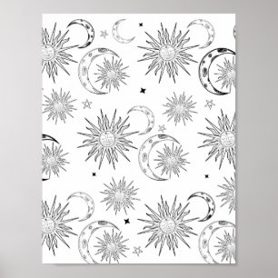 Zwart & Witte Whimsical Zon Hemel Astrologie Poster