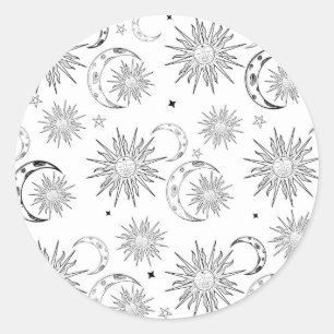 Zwart & Witte Whimsical Zon Hemelachtige Verjaarda Ronde Sticker