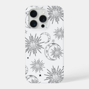 Zwart & Witte Whimsical Zon Maan & Sterren iPhone 15 Pro Hoesje