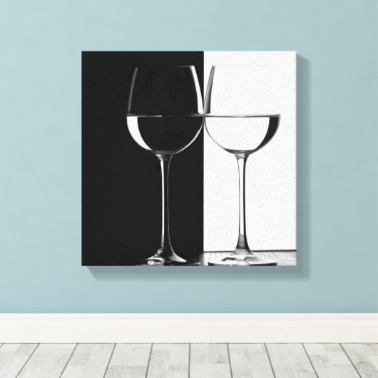 Zwart-witte wijnglazen Canvas Muurprint (Insitu (Houten vloer))