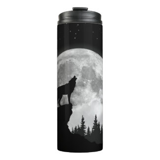Zwart-witte wolf die op de maan vliegt thermosbeker