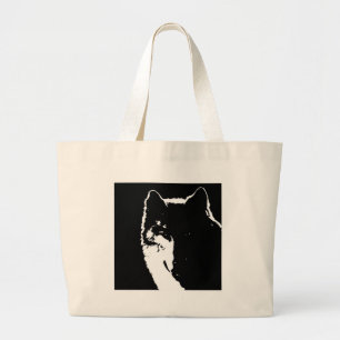 Zwart-witte wolf grote tote bag