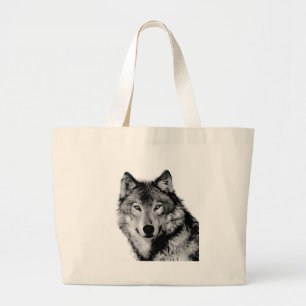 Zwart-witte wolf grote tote bag