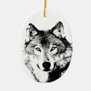 Zwart-witte wolf keramisch ornament