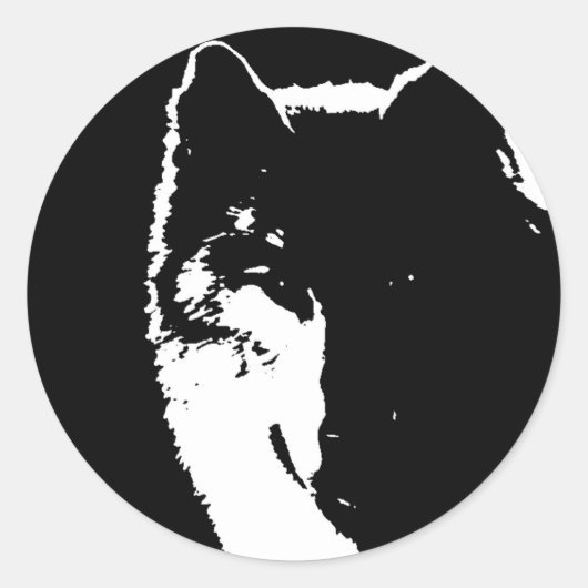 Zwart-witte wolf ronde sticker (Voorkant)