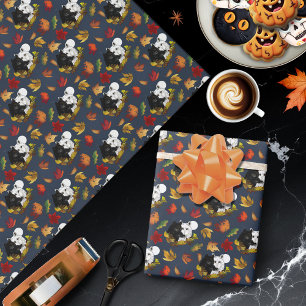Zwart Witte Wolven Maneschijn Herfstbladeren Cadeaupapier