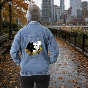 Zwart Witte Wolven Maneschijn Herfstbladeren Denim Jacket