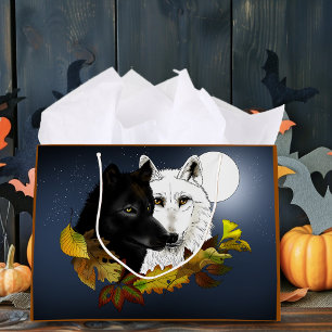 Zwart Witte Wolven Maneschijn Herfstbladeren Groot Cadeauzakje